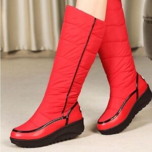 Red Platform Snow Boots Tall Quilted Winter Boots